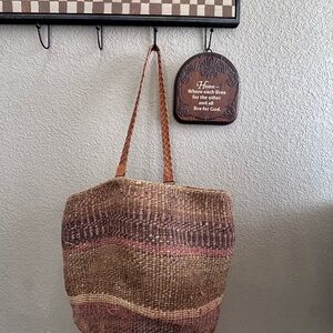Vintage Woven Sisal Tote with Braided Leather Handles